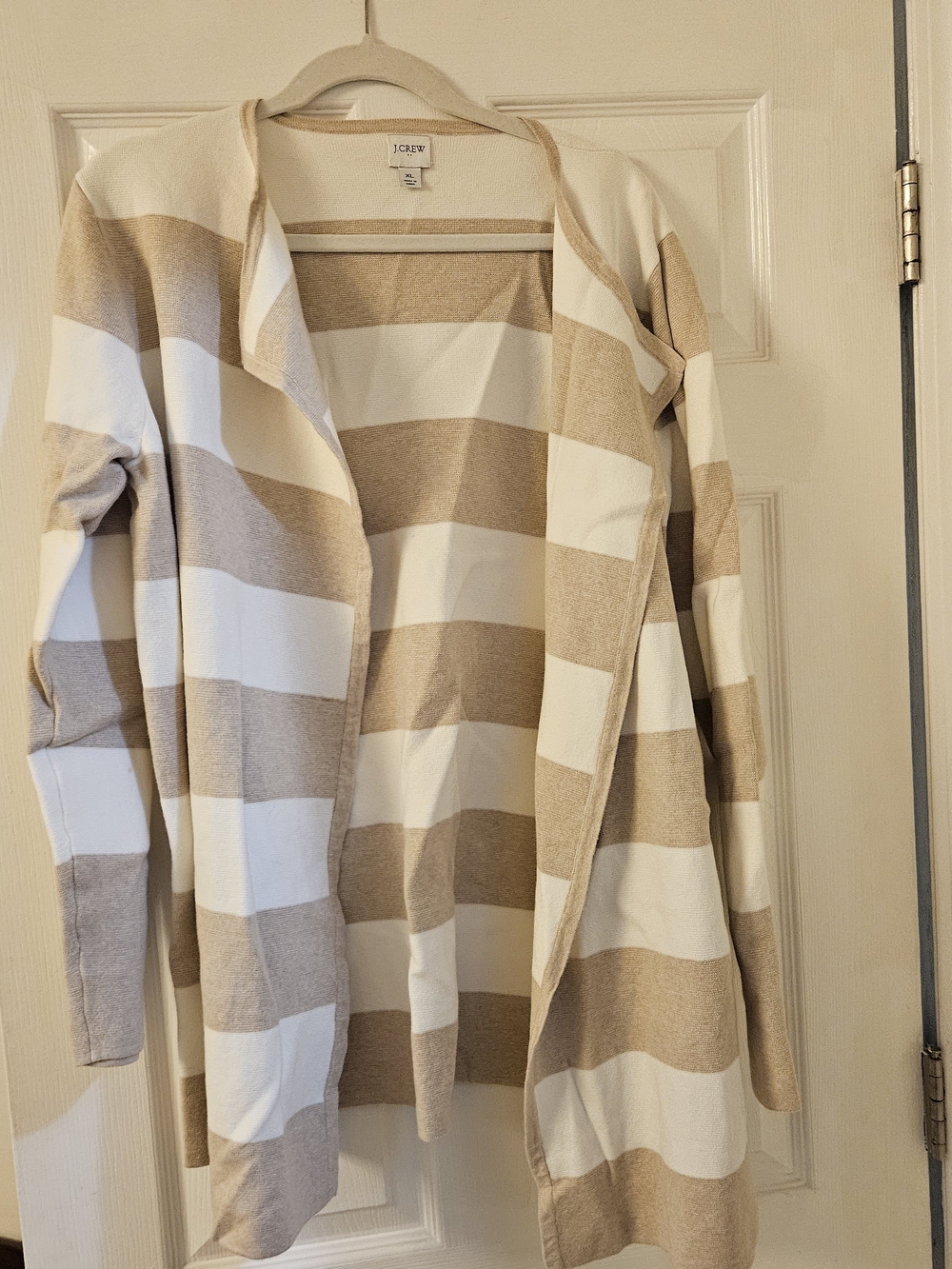 J. Crew Cream and Tan Striped Open-Front Cardigan